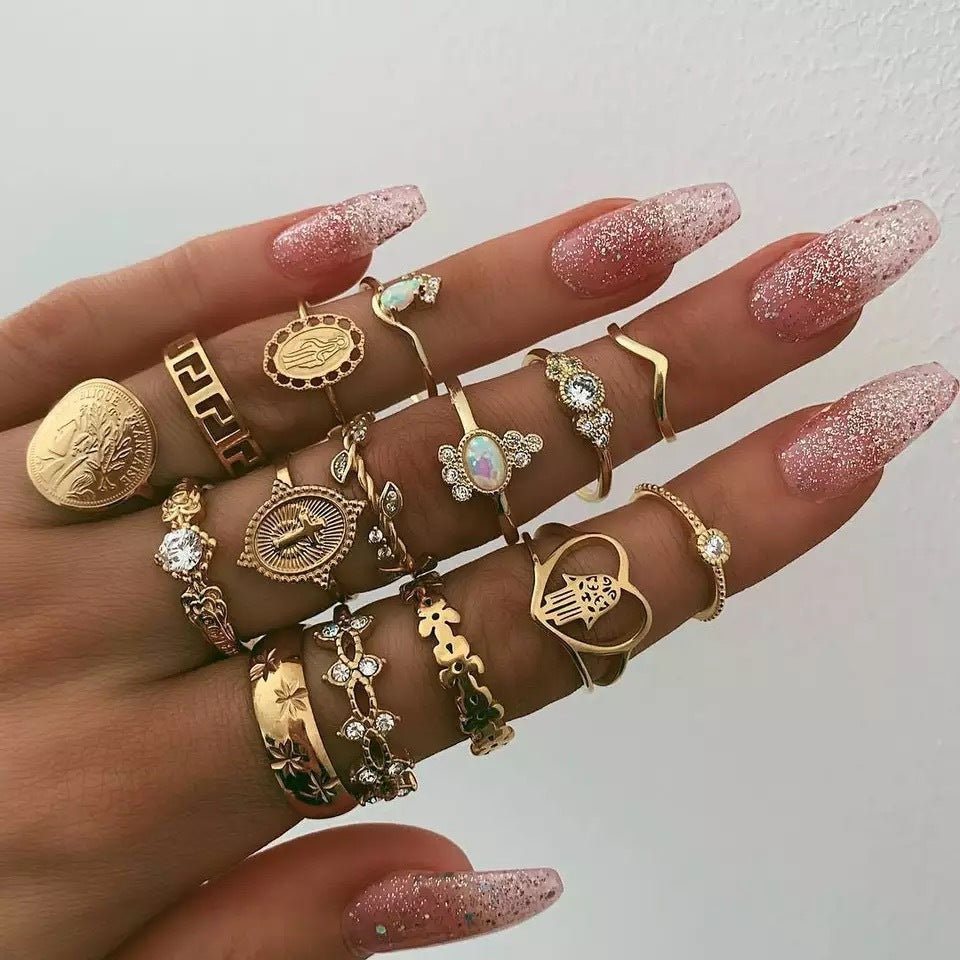 Womens Fashion Jewelry Rings Set 12 Pcs With Cross Design And European American Gold And Silver Rings GoldTone