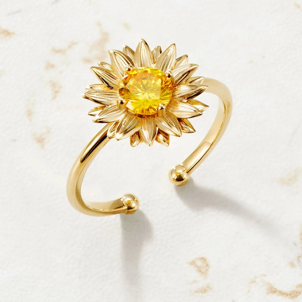 Womens Adjustable Ring With Daisy Sunflower Zircon Accent Durable Alloy Open Ring Fashion Jewelry For Her Gift