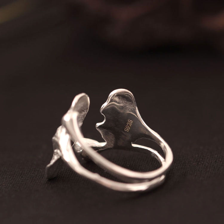 Vintage Silver Ring Apricot Flower Design With Electroplated Leaf Detail Wide Band Jewelry Gift For Her Deluxe