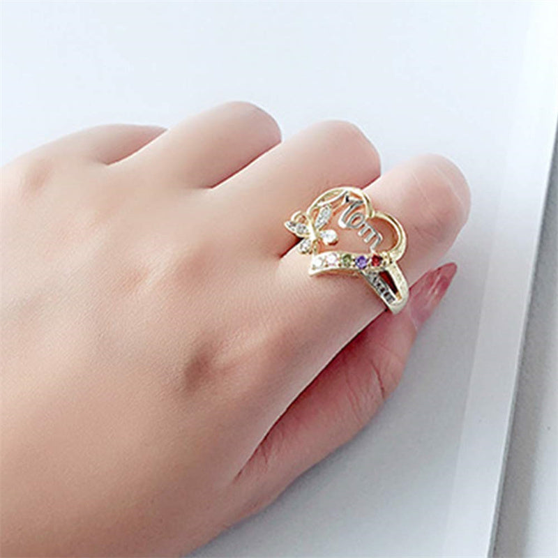 Gold Ring For Women With Rhinestone Butterfly And Heart Design Alloy Jewelry Gift For Mothers Day Elegant Look