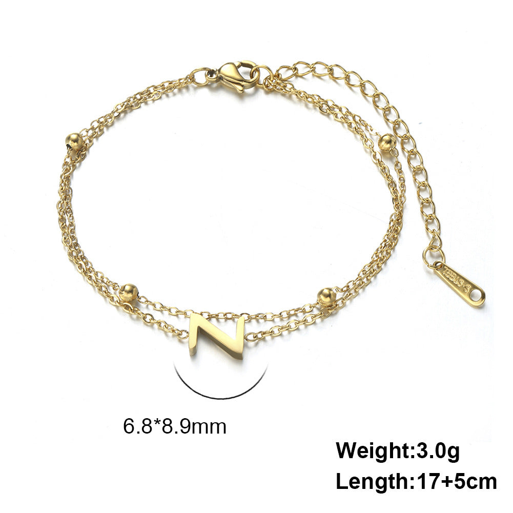 Womens Stainless Steel Double Layer Chain Bracelet With Initial Pendant Electroplated Finish Jewelry Gift Gold