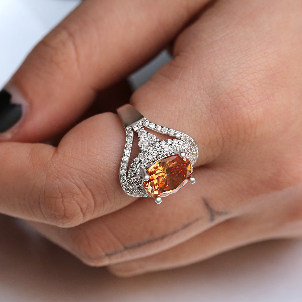 Cross-border wish Amazon new European and American new hot fashion champagne yellow zircon ring female wedding jewelry