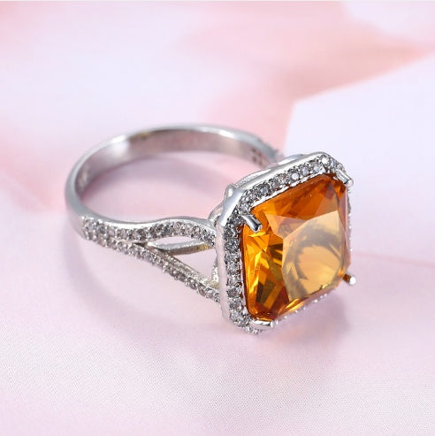 Square Champagne Zircon Ring Platinum Plated Copper Ladies Jewelry For Women And Girls Elegant Sparkle Jewelry