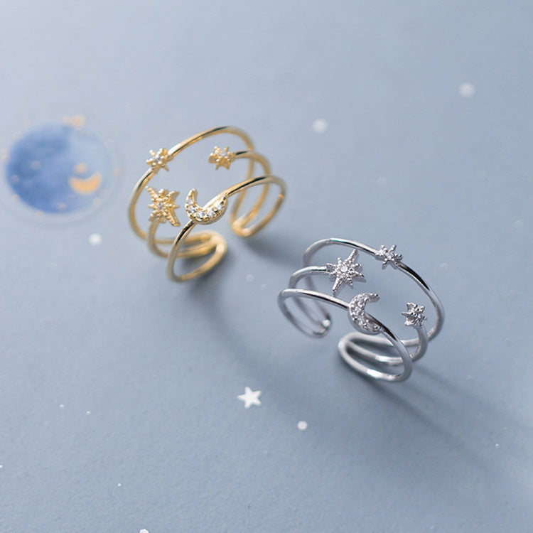 Star Moon Ring Silver Korean Style Inlaid Crystal Text Letters Jewelry Adornment for Wedding Gift and Modern Romance