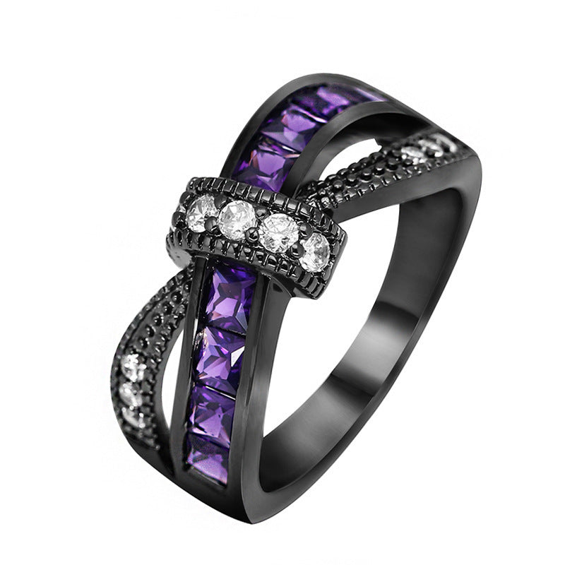 Electroplated Geometric Metal Ring With Amethyst Accents And Diamond Detailing European Style Single Packed In