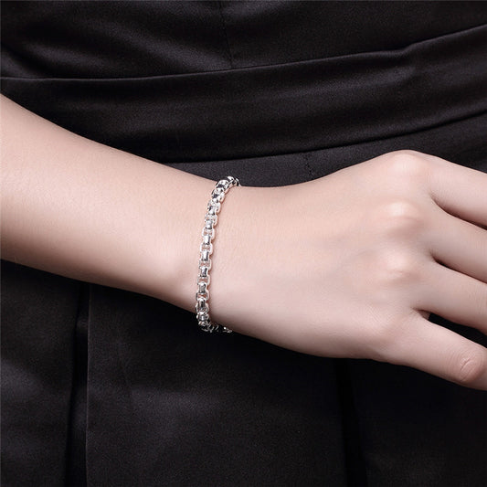 Womens Checkered Silver Tone Bracelet 925 Sterling Silver Plated Copper Lightweight Jewelry for Girls Gift Box