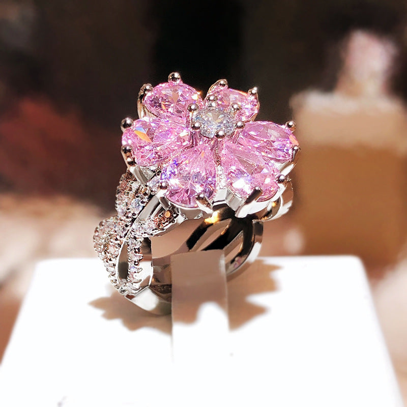 Women's Heart Cherry Blossom Ring with Zircon Sweet Diamond Accent Copper Band Fashion Jewelry Delicate Pink Ring for Her Elegant Gift