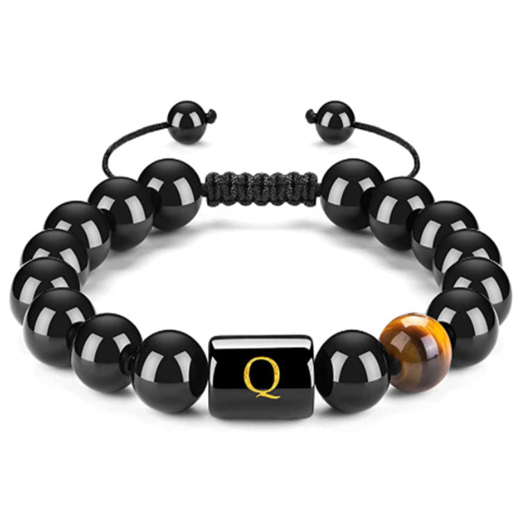 Mens Natural Black Agate 10mm Beads Handmade Initial Letter Bracelet Personalized Gift for Men Letter A Shape Letter