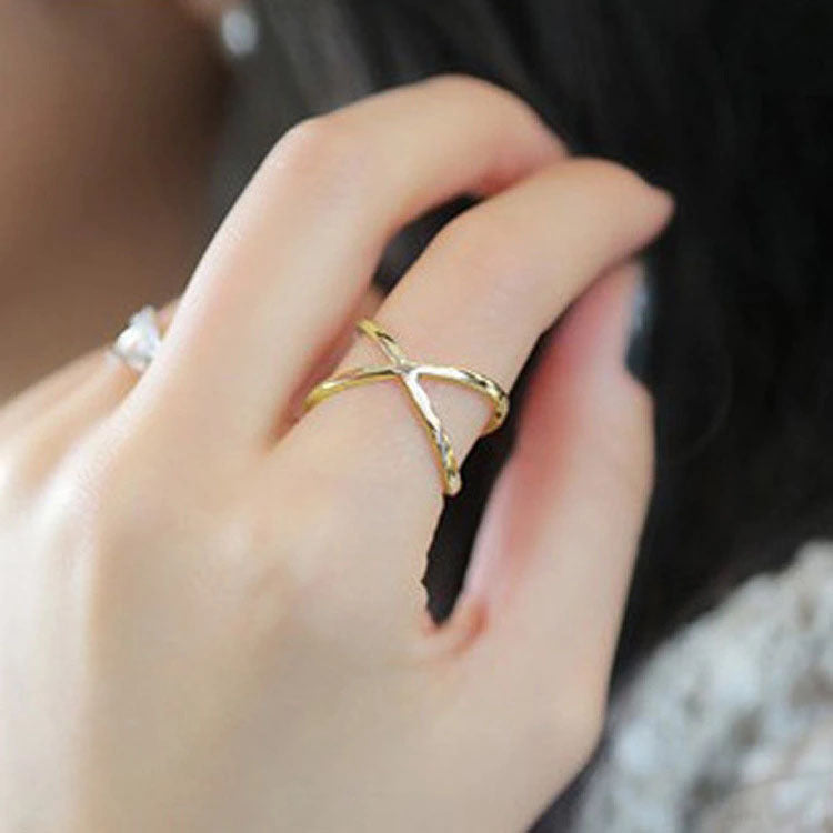 Electroplated Alloy Cross Ring Korean Crisscross Joint Fashion Ring Individual Packaging Trendy Statement Ring