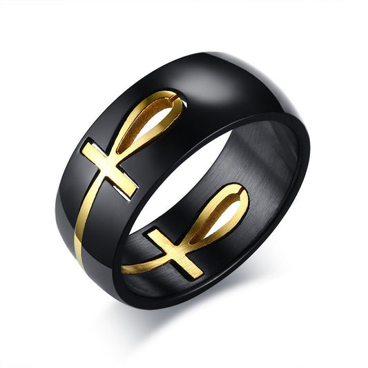 Men Ankh Egyptian Cross Ring Stainless Steel Black Gold Finish Key Of Life Personalized Jewellery For Weddings
