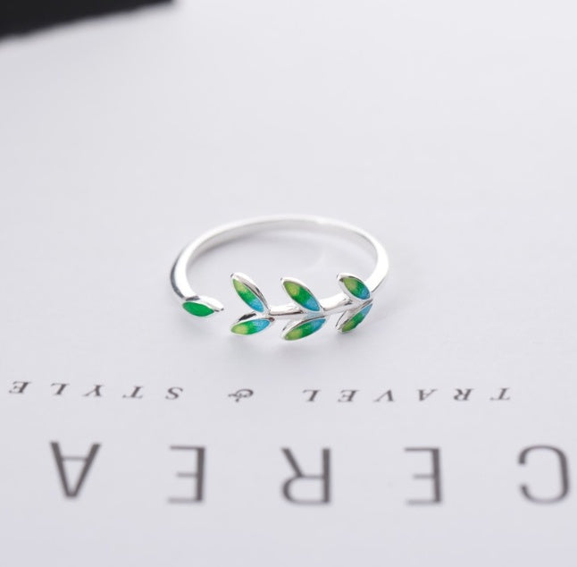 Sterling Silver Green Leaves Open Ring For Women Korean Style Flower Design Gift Jewelry Handcrafted Open Back