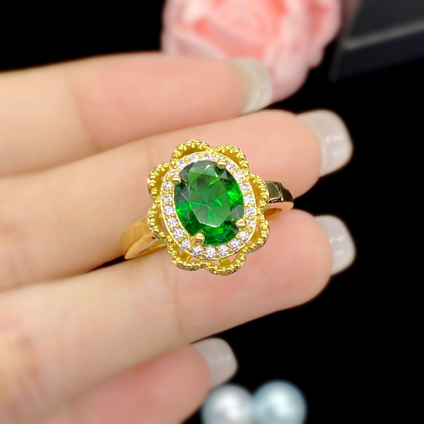 Womens Adjustable Gold Plated Copper Ring Emerald Green Simulated Diamond Hollowed Flower Geometric Design Lux