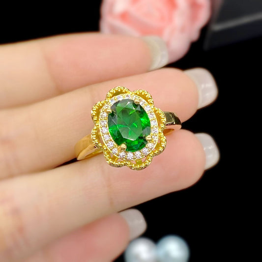 Womens Adjustable Gold Plated Copper Ring Emerald Green Simulated Diamond Hollowed Flower Geometric Design Lux