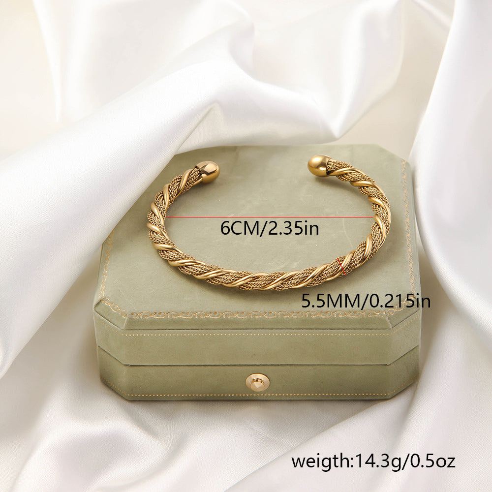 Stainless Steel Woven Bracelet Open Ended Fashion Bangle Electroplated Durable Round Design Accessory Steel And Gold