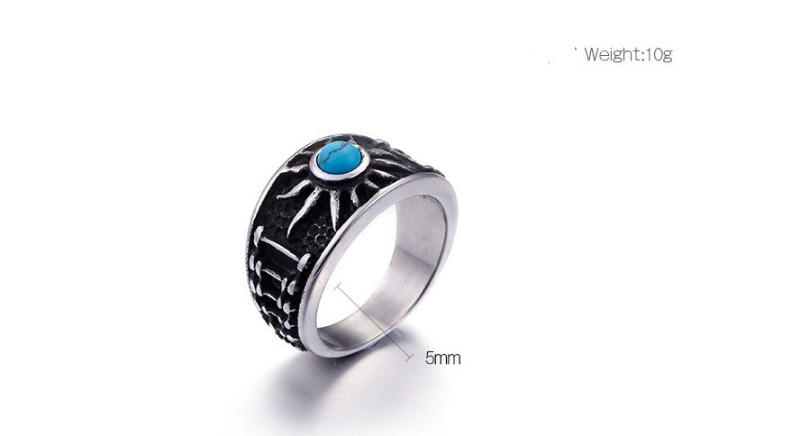 Vintage Gothic Turquoise Sun Ring Titanium Steel Casting Jewelry Statement Ring Color Size 8 9 10 11 12 Fashion