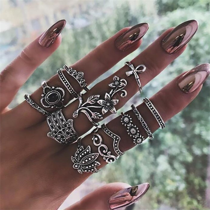 Womens Knuckle Ring Set Bohemian Alloy Rings Electroplated Silver Geometric Design European American Ornaments