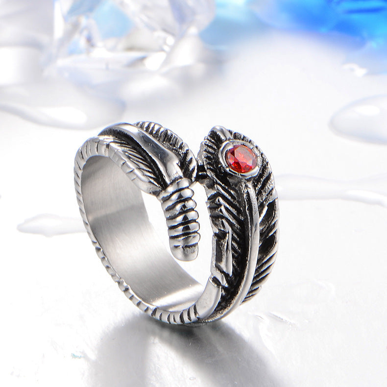 Titanium Steel Feather Ring European Vintage Personality Ring Travel Souvenir Ring for Men and Women Fashion Jewelry Gift Accessories Band Ring