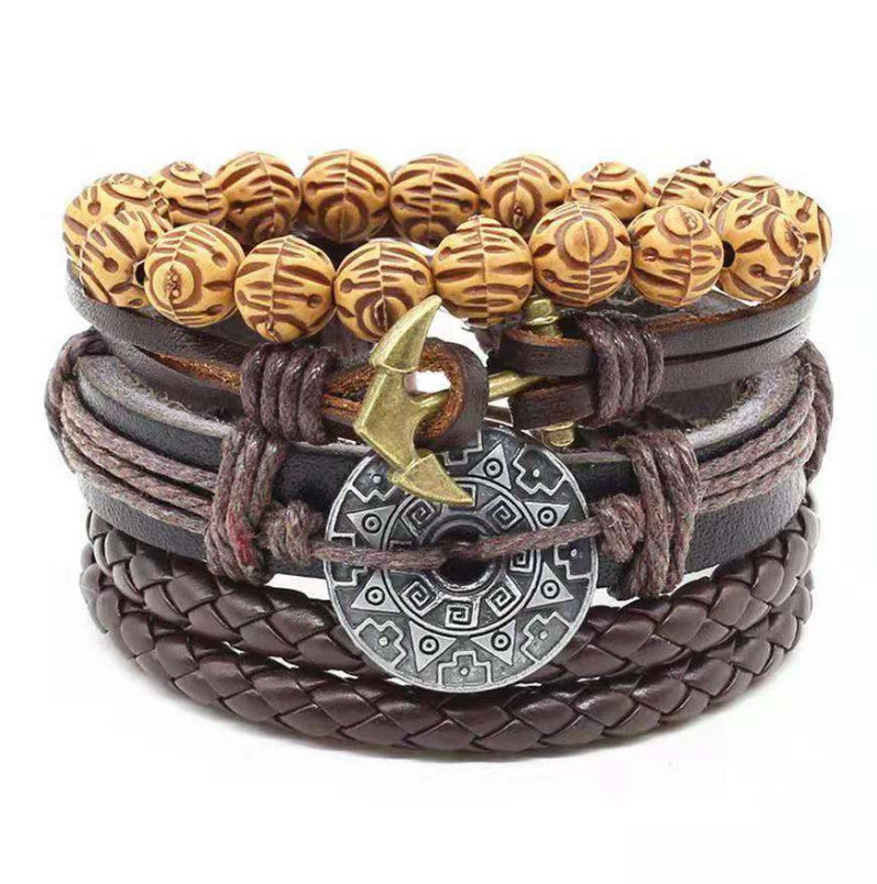 Mens Leather Braided Bracelet European Design Alloy Inlaid Gemstones Retro Geometric Accessory Woven Wristband