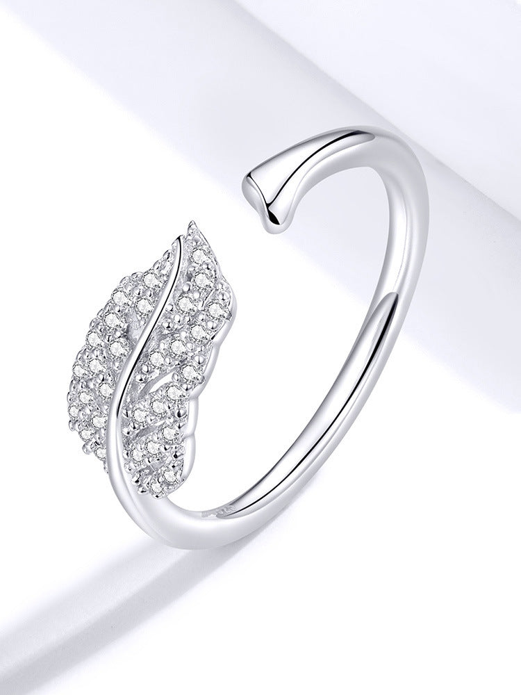 Womens Sterling Silver Ring Adjustable Zircon Feather Delicate Design Thin Band 0.15cm Gift for Her 925 Silver