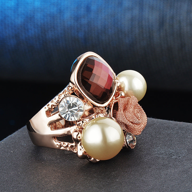 Personalized Rose Gold Pearl And Diamond Ring With Flower Design For Women Gold Plated Alloy Jewelry For Women