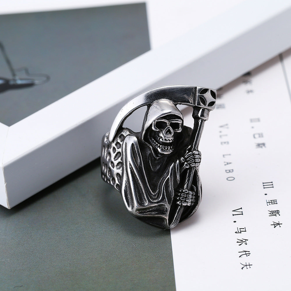 Mens Skull Ring Death Sickle Ring Exaggerated European American Ring Personalized Retro Titan Steel Alloy Ring