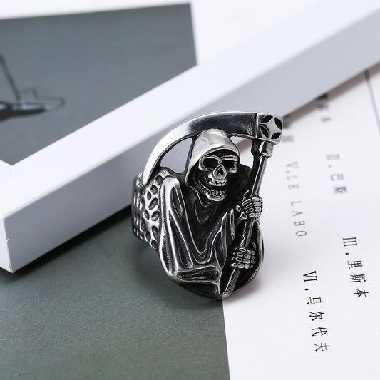 Mens Skull Ring Death Sickle Ring Exaggerated European American Ring Personalized Retro Titan Steel Alloy Ring