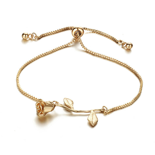 Womens Rose Bracelet Elegant Alloy Metal Electroplated Korean Design Bangle Delicate Rose Flower Adjustable Fashion