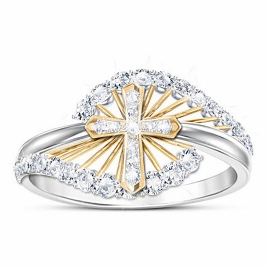 Two Tone Alloy Diamond Cross Ring Fashion Accessory For Everyday Wear Elegant Sparkling Jewelry Timeless Style