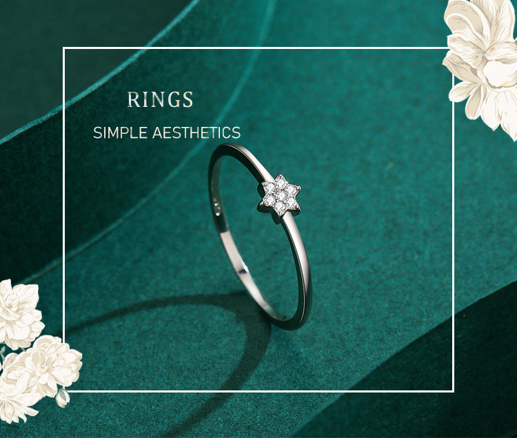 Women's S925 Silver Star Ring Micro Diamond Fine Ring Korean Fashion Jewelry Niche Design Mini Joint Ring Tail Ring for Her Silver