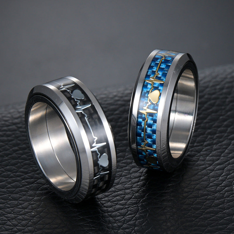 Mens Titanium Steel Decompression Ring Unisex European American Style Letters Inlay Carbon Fiber Black Gold Flakes