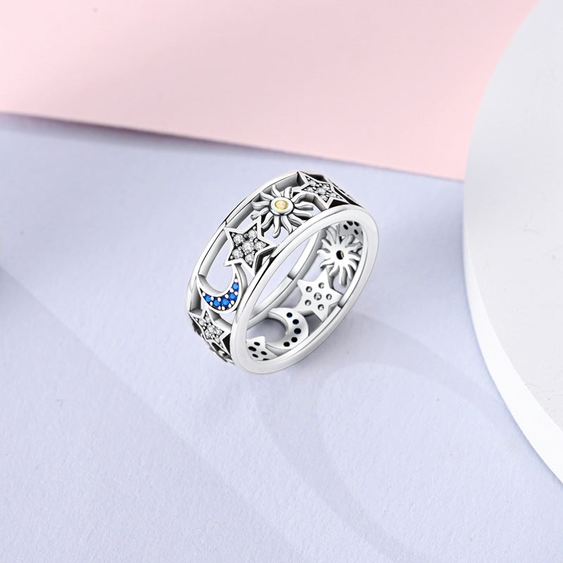 Silver Plated Sun Moon Stars Ring Women Celestial Design Elegant Fashion Jewelry Gift Sizes 7 8 9 Gift For Her