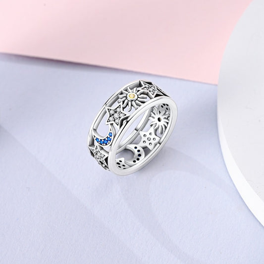 Silver Plated Sun Moon Stars Ring Women Celestial Design Elegant Fashion Jewelry Gift Sizes 7 8 9 Gift For Her