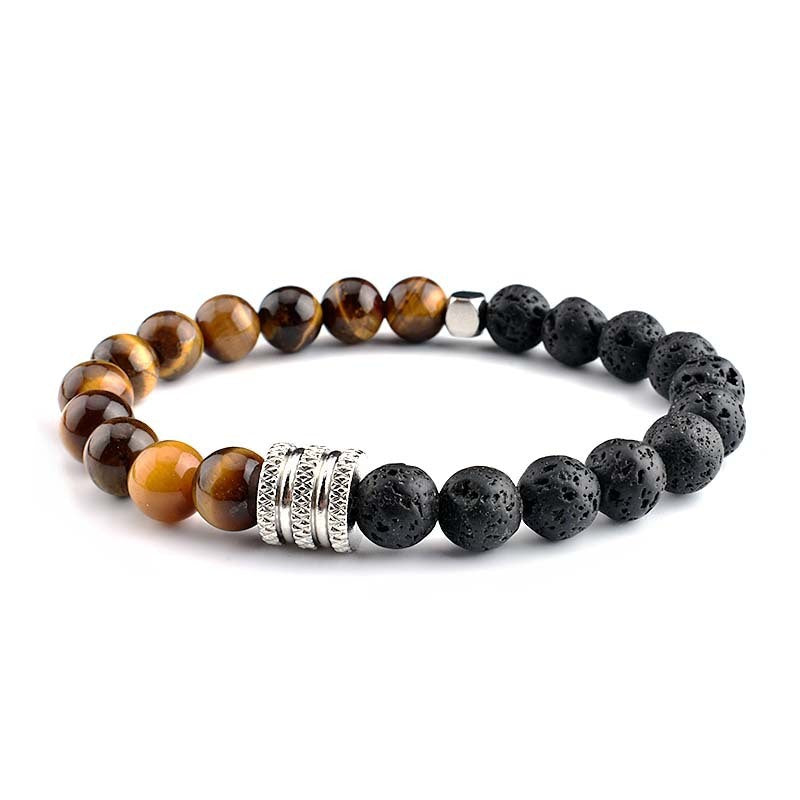 Mens Two Tone Stainless Steel Bracelet With Volcanic Tiger Eye Titanium Steel Geometric Design For Him Jewelry Gift