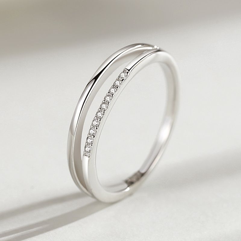 Womens Double Line Ring With Micro Diamond Accent In 925 Sterling Silver Adjustable Opening US Sizes Five To 9