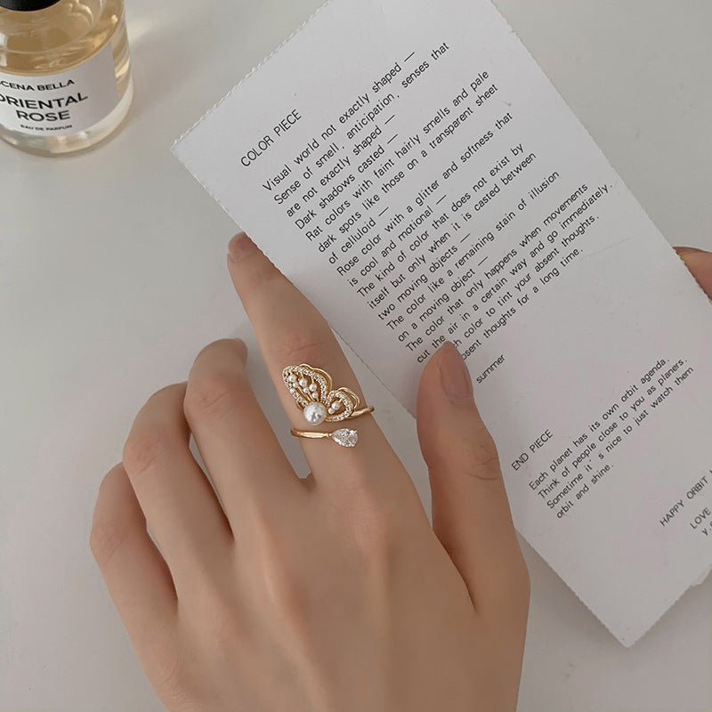Women Adjustable Ring Zircon Pearl Butterfly Jewelry