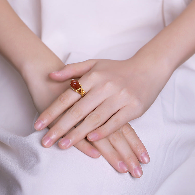 Womens Natural Red Agate Vintage Open Ring Copper Adjustable Band For Women Fashion Jewelry Handcrafted Gift Box