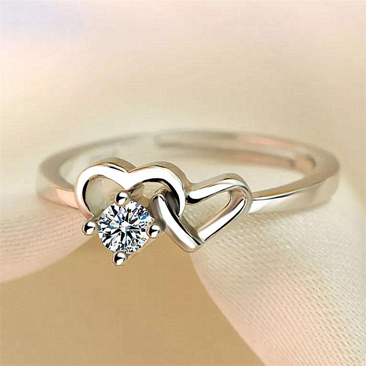 Unisex Heart Ring Adjustable Copper Love Token Ring Featuring White Diamond Simulant Electroplated Platinum Color