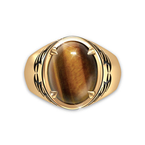 Mens Ring 24K Gold Plated Tiger Eye Stone Animal Zodiac Design Ethnic Metal Alloy Inlaid Gem For Men Style Now