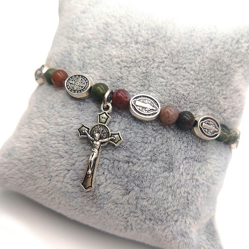 Unisex Rosary Bracelet Indian Agate Cross Beaded Religious Totem Accessory Fashion Jewelry For Men Daily Wear Ready