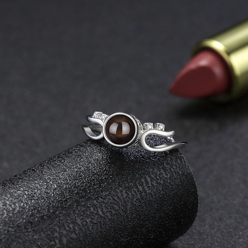 Sterling Silver 925 Gemstone Inlaid Geometric Ring With 100 Languages Projection European Ring White Gold Rose Gold