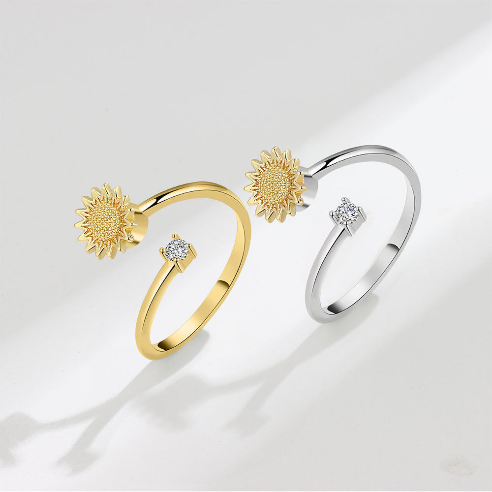 Womens Adjustable Sunflower Ring Copper Open Rotatable Jewelry Fashion Geometric Flower Ring For Women Daily Wear