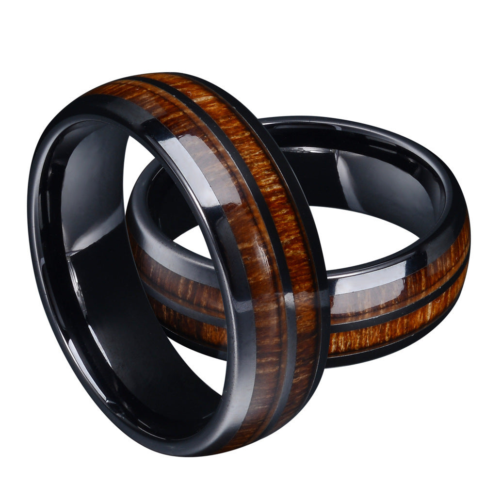 Black Stainless Steel Ring Double Fluted Wood Grain Design Geometric Fashion Jewelry Unisex Durable Versatile