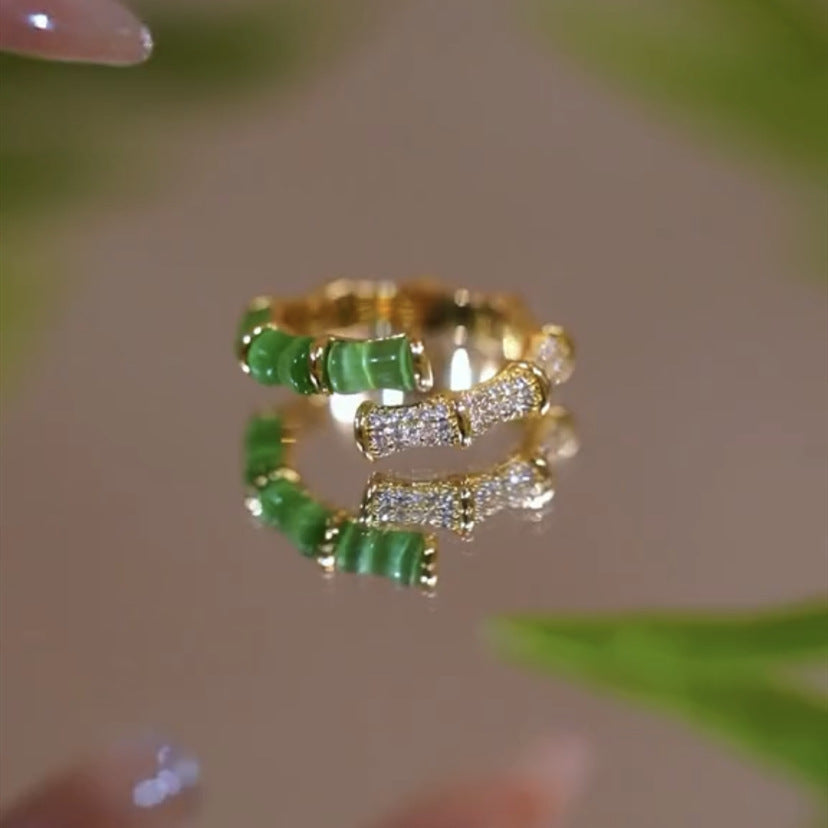 Green Bamboo Open Ring Chinese Style Gold Plated Copper Zircon Inlaid Exquisite Elegant Jewelry Gift For Her Alluring