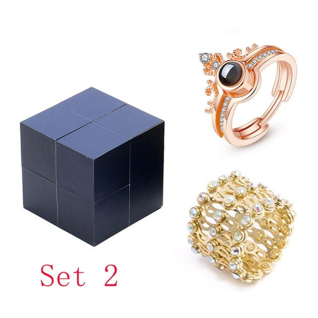 Love You Ring Projection Crown Two In One Ring 100 Languages Rubik Cube Ring BoxSet Geometric Rhinestone Inlay