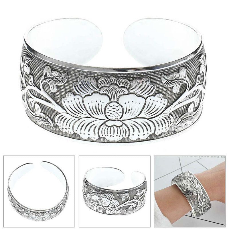 Peony Flower Bracelet Silver Plated Bangle 2.5cm Wide Floral Design For Women And Girls Inner Diameter 5.9cm