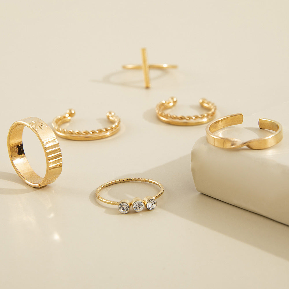 Womens Alloy Ring Set Six Piece Fashion Rings With Geometric Star And Diamond Accent European American Jewelry