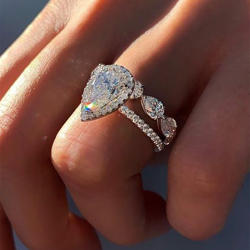 Women Zircon Teardrop Ring Copper White Gold Plated Elegant Drop Shape Fashion Jewelry For Women Sparkling Finish