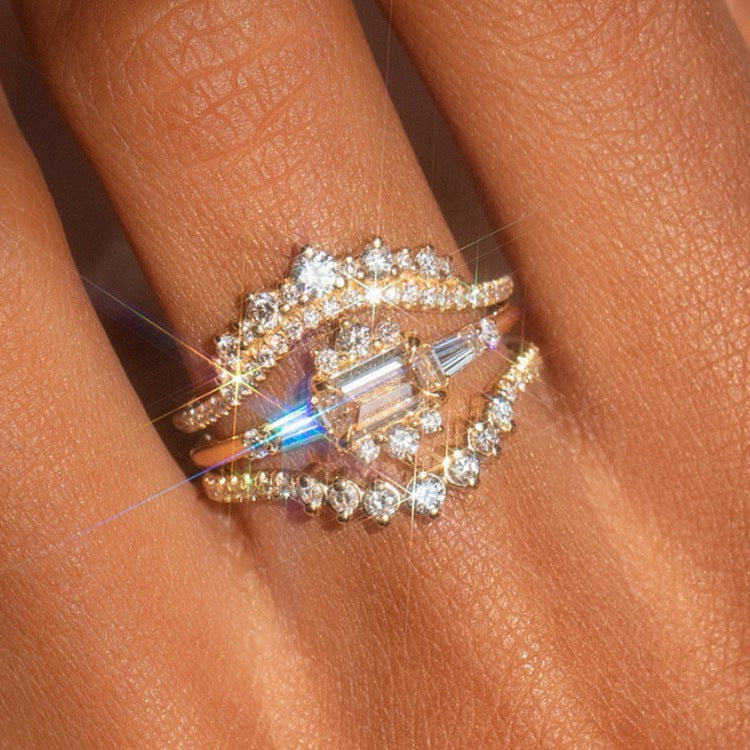 Unisex Gold Plated Geometric Ring Set With Zircon Stones Three Piece Jewelry For Women And Men Exquisite Shine