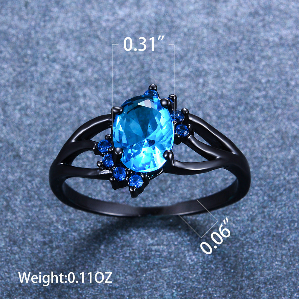 Oval Diamond Zircon Vintage Ring Gold Plated Copper Inlay Black Blue Gemstones Womens Timeless Sparkle Daywear