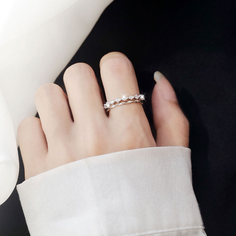 Sterling Silver Ring With Double Zircon Korean Geometric Design Electroplated 925 Silver Gem Ring For Her Women